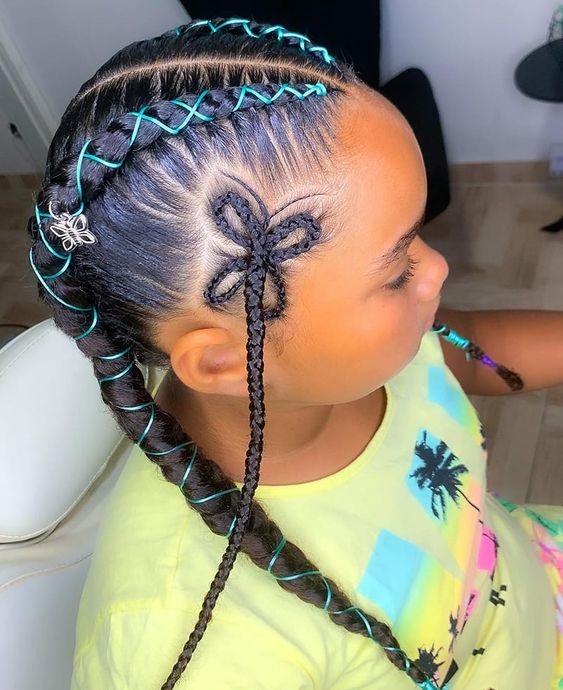 Intricate braided hairstyle with teal threads and butterfly-shaped braid